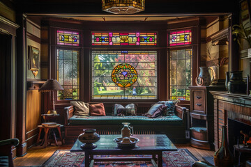 The original stained glass window of an antique craftsman house, casting colorful light across an interior filled with period furnishings and heirloom decorations.