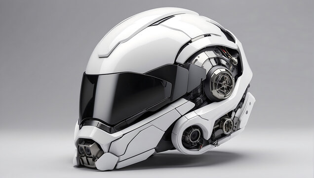 A futuristic cybernetic helmet on a white background with a gray background, modern stylized intricate high tech helmet