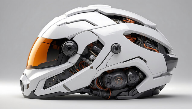 A futuristic cybernetic helmet on a white background with a gray background, modern stylized intricate high tech helmet
