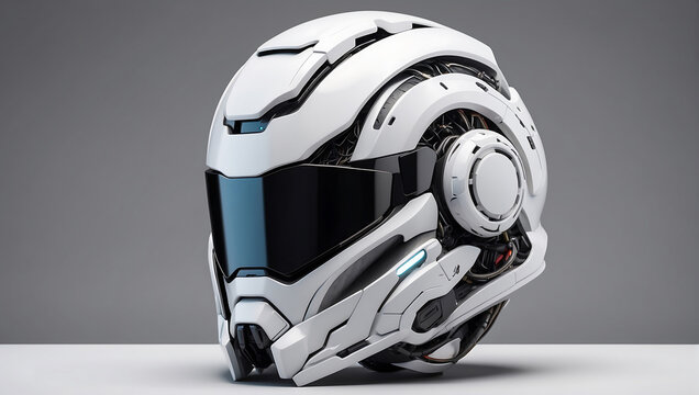 A futuristic cybernetic helmet on a white background with a gray background, modern stylized intricate high tech helmet