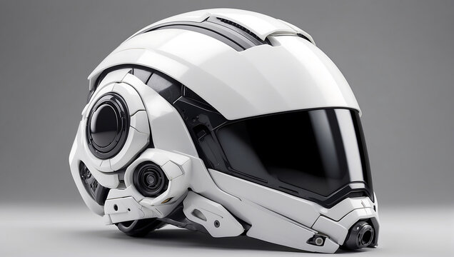 A futuristic cybernetic helmet on a white background with a gray background, modern stylized intricate high tech helmet