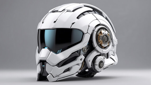 A futuristic cybernetic helmet on a white background with a gray background, modern stylized intricate high tech helmet