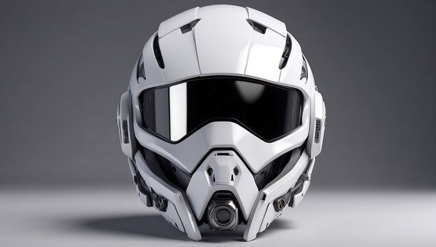 A futuristic cybernetic helmet on a white background with a gray background, modern stylized intricate high tech helmet