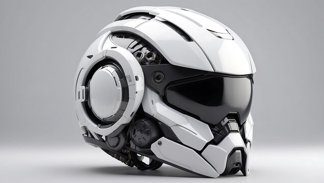 A futuristic cybernetic helmet on a white background with a gray background, modern stylized intricate high tech helmet