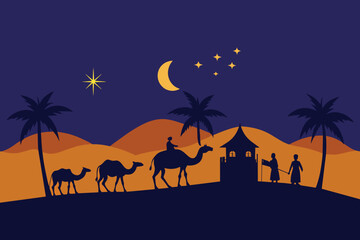Silhouette of Caravan mit people and camels wandering through the deserts with palms at night and day. Vector