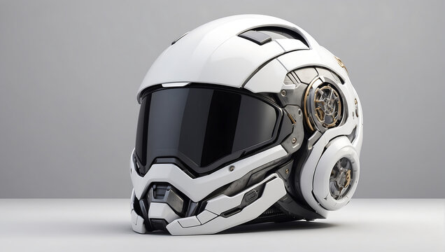 A futuristic cybernetic helmet on a white background with a gray background, modern stylized intricate high tech helmet