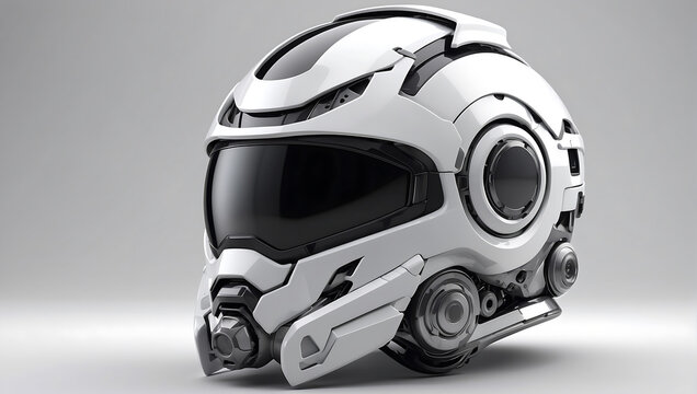 A futuristic cybernetic helmet on a white background with a gray background, modern stylized intricate high tech helmet