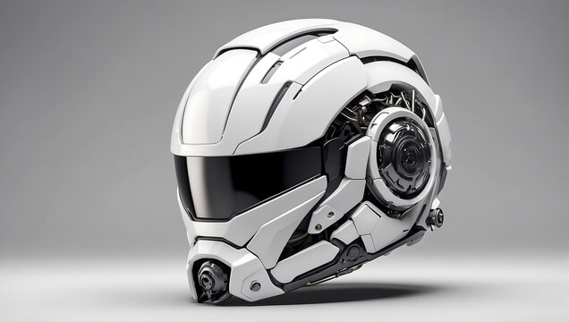 A futuristic cybernetic helmet on a white background with a gray background, modern stylized intricate high tech helmet