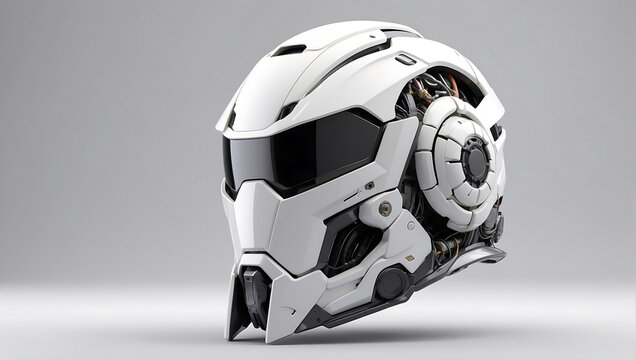 A futuristic cybernetic helmet on a white background with a gray background, modern stylized intricate high tech helmet