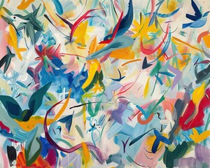 abstract painting with many shapes and colors, vibrant airy scenes, expressive lines