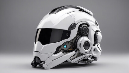 A futuristic cybernetic helmet on a white background with a gray background, modern stylized intricate high tech helmet