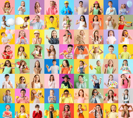 Big collage of emotional little children on color background