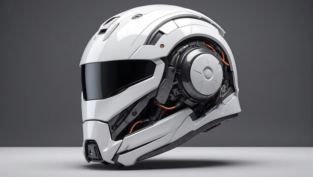 A futuristic cybernetic helmet on a white background with a gray background, modern stylized intricate high tech helmet