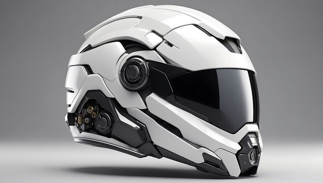 A futuristic cybernetic helmet on a white background with a gray background, modern stylized intricate high tech helmet