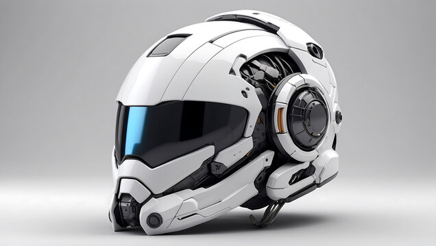 A futuristic cybernetic helmet on a white background with a gray background, modern stylized intricate high tech helmet