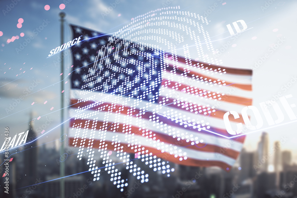 Poster Multi exposure of virtual fingerprint scan interface on US flag and city background, digital access concept