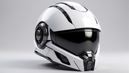 Fototapeta premium A futuristic cybernetic helmet on a white background with a gray background, modern stylized intricate high tech helmet