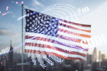 Multi exposure of virtual fingerprint scan interface on US flag and city background, digital access concept
