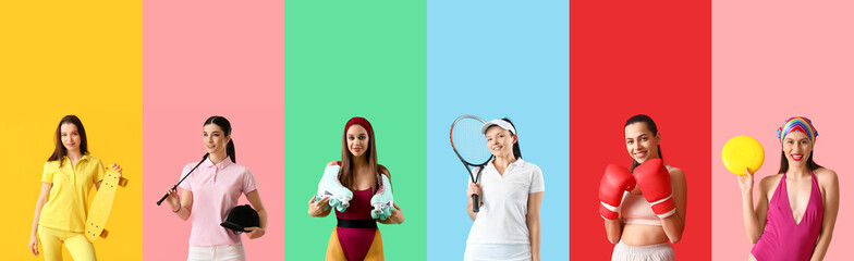 Set of many sporty women on color background