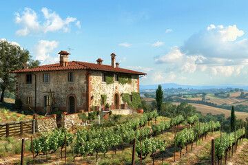 An Italian craftsman house perched on a sun-drenched hillside in Tuscany, with rustic stone walls, terracotta roofs, and a vineyard stretching out towards the horizon.