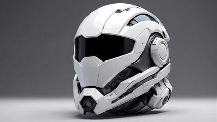 A futuristic cybernetic helmet on a white background with a gray background, modern stylized intricate high tech helmet