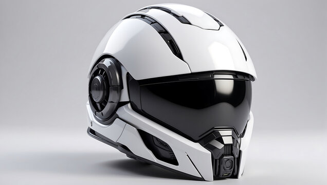 A futuristic cybernetic helmet on a white background with a gray background, modern stylized intricate high tech helmet
