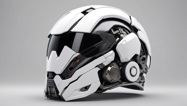 A futuristic cybernetic helmet on a white background with a gray background, modern stylized intricate high tech helmet