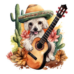 Watercolor Mexican dog wearing Cinco De Mayo hat and sunglasses with a guitar and cactus
