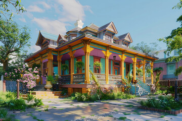 A 3D render of a Craftsman house in the vibrant heart of New Orleans, blending classic architectural elements with the colorful, lively aesthetics of the city's historic districts.