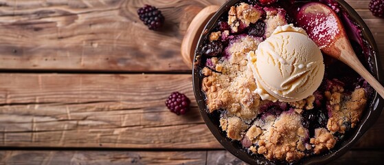 Cobbler with diverse berries and a dollop of ice cream in a dish demonstrated over a slab of wood over the backdrop of a wooden kitchen bar and space, Generative AI.