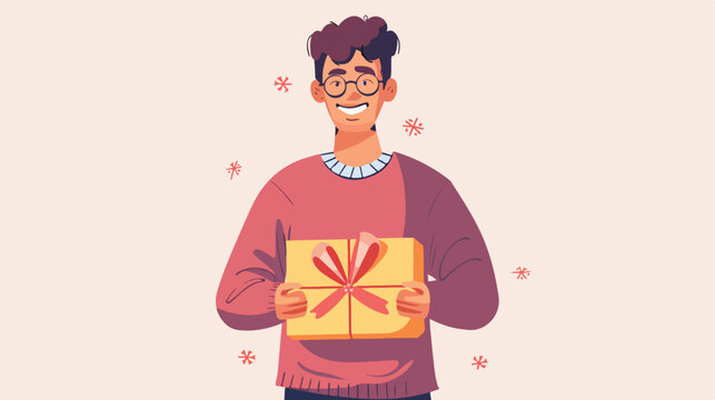 Young guy with gift box on white background Vector style