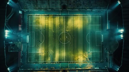 empty soccer stadium, floodlight, ball in the center