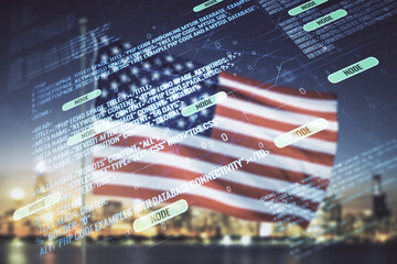 Multi exposure of abstract creative coding sketch on USA flag and blurry cityscape background, artificial intelligence and neural networks concept