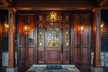 The grand entrance of a craftsman style house, with a custom-made wooden door flanked by stained glass panels and lantern-style sconces.