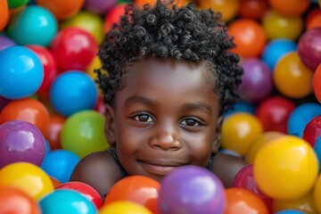 In the kids' stimulation and play area, an ironic African boy is having fun while playing and reclining over vivid plastic balls and space, Generative AI.
