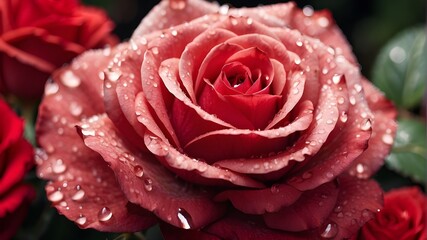  A close-up shot of dewdrops glistening on the velvety petals of a red rose 