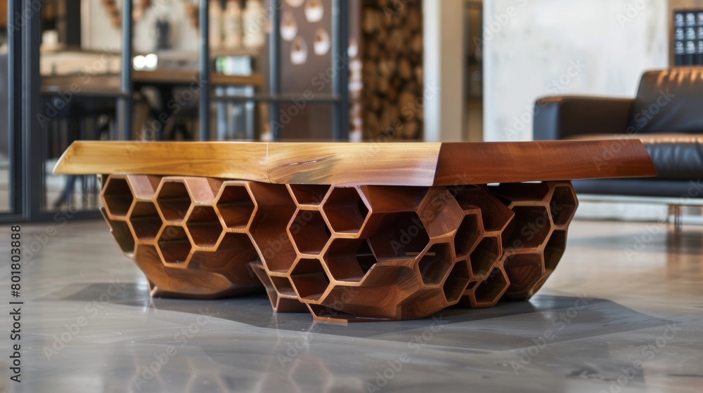 Poster a sleek and modern coffee table with a honeycomb base creating a unique and visually stunning piece.