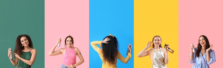 Collection of beautiful women with hair sprays on color background