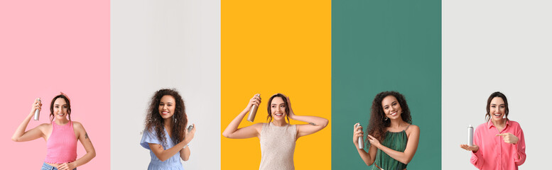 Group of beautiful women with hair sprays on color background