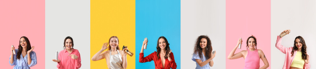 Set of beautiful women with hair sprays on color background
