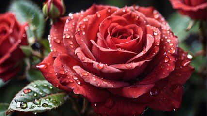  A close-up shot of dewdrops glistening on the velvety petals of a red rose 