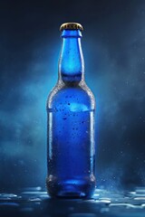 blue beer bottle, low angle, in back lighting effect