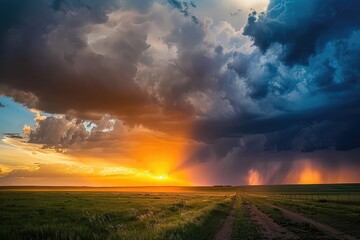photo of a dramatic sunset breaking through storm clouds.
