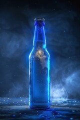 blue beer bottle, low angle, in back lighting effect