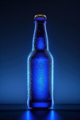 blue beer bottle, low angle, in back lighting effect