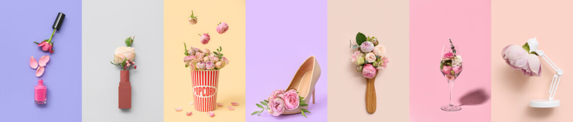 Collage of different items with rose flowers on color background