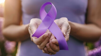 Hand holding purple ribbon, concern for people with lupus disease
