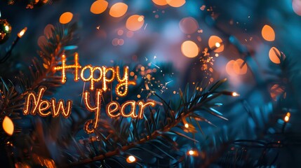 happy new year lights and fireworks, in the dark blue night,   party firework holiday festive celebration background