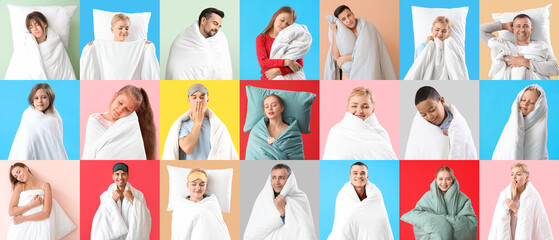 Collage of people with soft blankets on color background