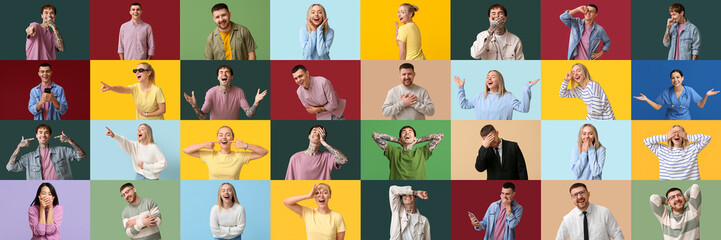 Group of laughing people on color background
